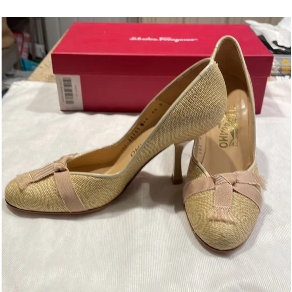 Salvatore Ferragamo Raffia Top Leather Heels Pumps with Ribbon Cream Beige 9 - Picture 2 of 16
